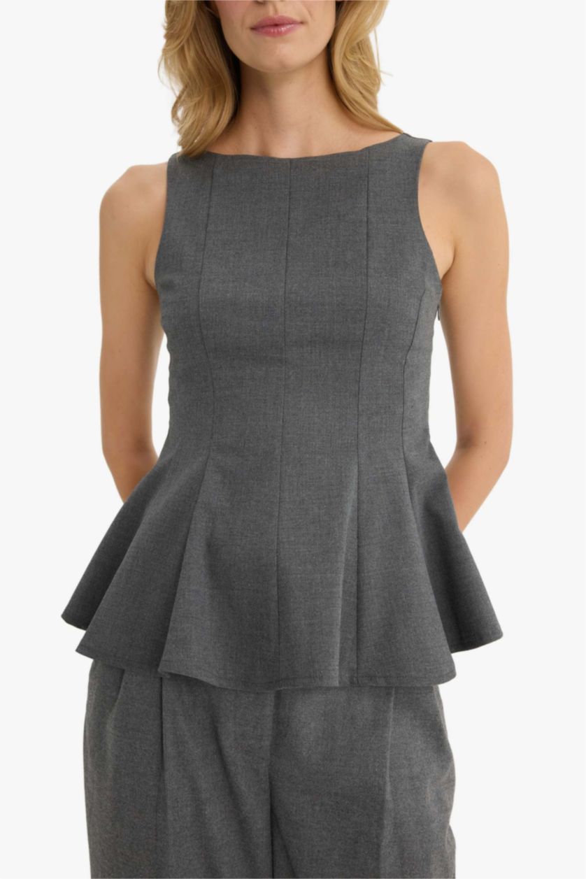 Kadın Gri Fıtted Kayık Yaka Kolsuz Bluz