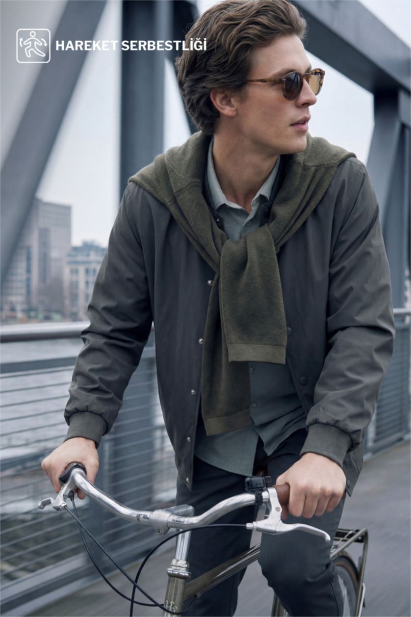 Erkek Haki Esnek Slim Fıt Kolej Yaka Mont