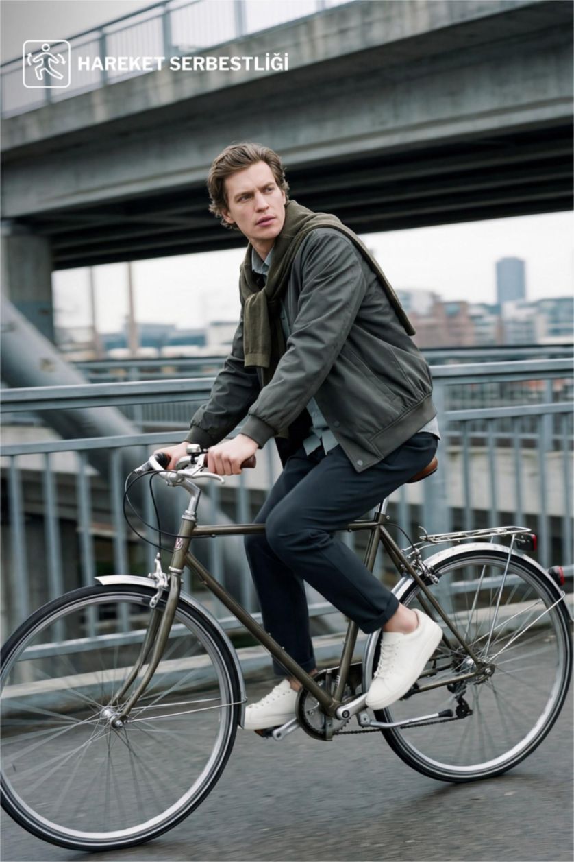 Erkek Haki Esnek Slim Fıt Kolej Yaka Mont