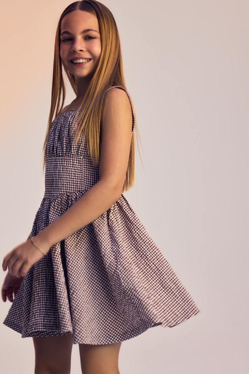 Kız Çocuk - Genç Kız Kırmızı Krinkıl Viskon Kareli Askılı Elbise Kız Çocuk