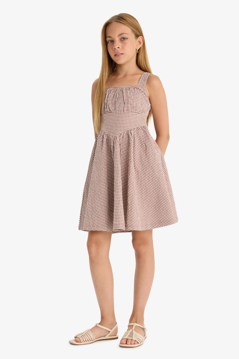 Kız Çocuk - Genç Kız Kırmızı Krinkıl Viskon Kareli Askılı Elbise Kız Çocuk