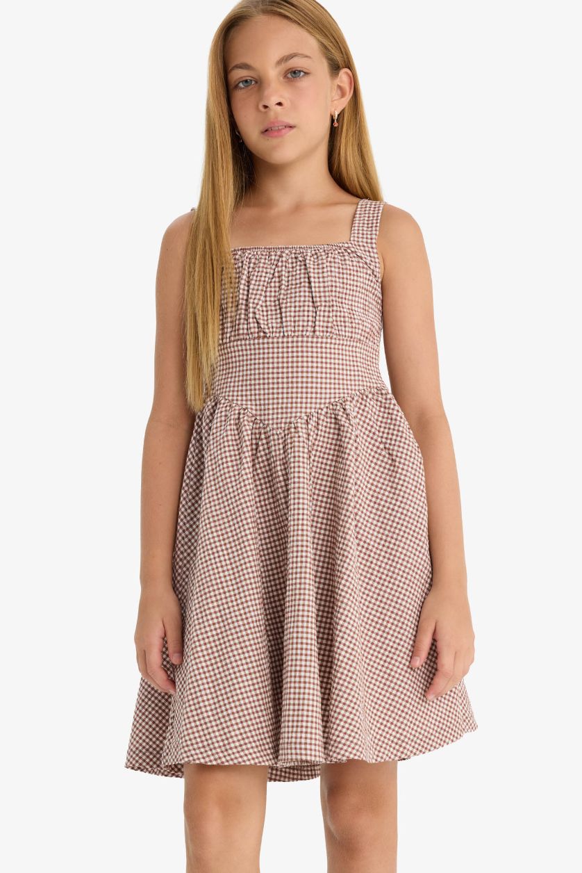 Kız Çocuk - Genç Kız Kırmızı Krinkıl Viskon Kareli Askılı Elbise Kız Çocuk