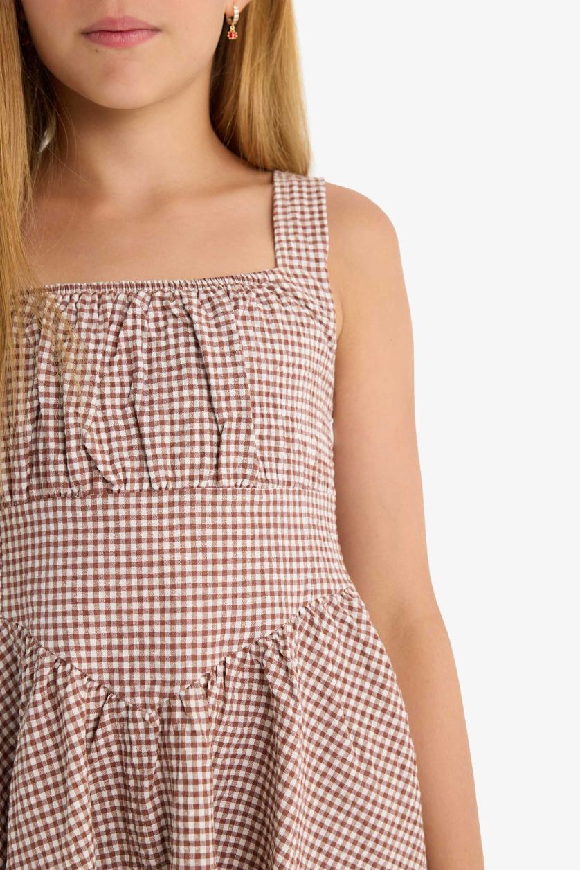 Kız Çocuk - Genç Kız Kırmızı Krinkıl Viskon Kareli Askılı Elbise Kız Çocuk