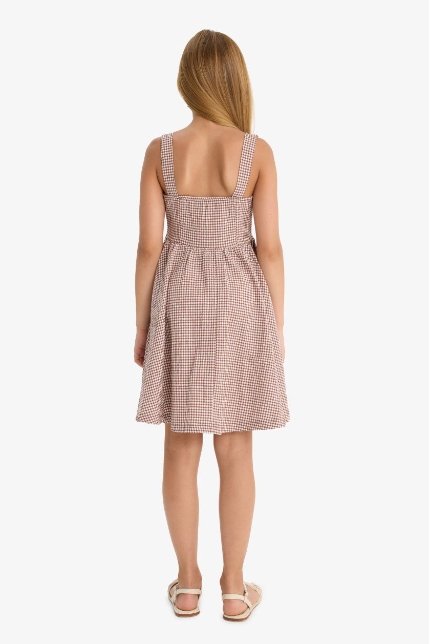 Kız Çocuk - Genç Kız Kırmızı Krinkıl Viskon Kareli Askılı Elbise Kız Çocuk