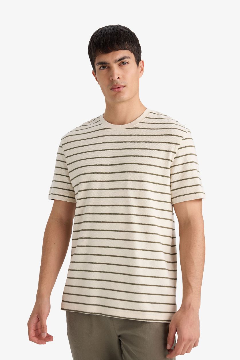 رجالي كاكي تيشيرت مخطط قطن