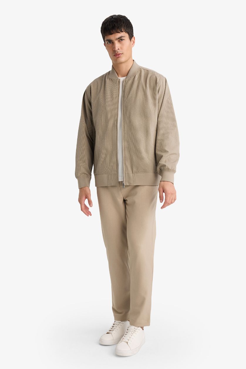 Erkek Bej Slım Fıt Astarlı Fermuarlı Krinkıl Mont