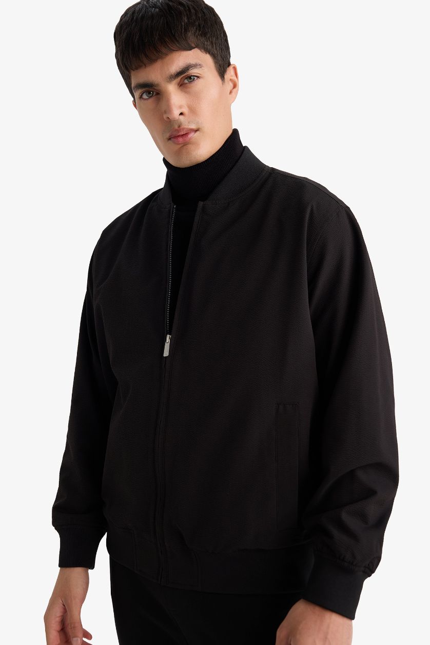 Erkek Siyah Slım Fıt Astarlı Fermuarlı Krinkıl Mont