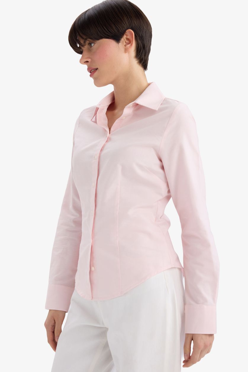 Әйелдерге Ашық Қызғылт Fitted қайырма жағалы ұзын жеңді Оксфорд жейдесі