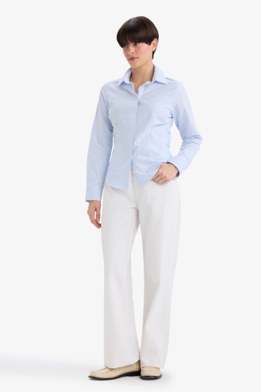 Әйелдерге Көк Fitted қайырма жағалы ұзын жеңді Оксфорд жейдесі