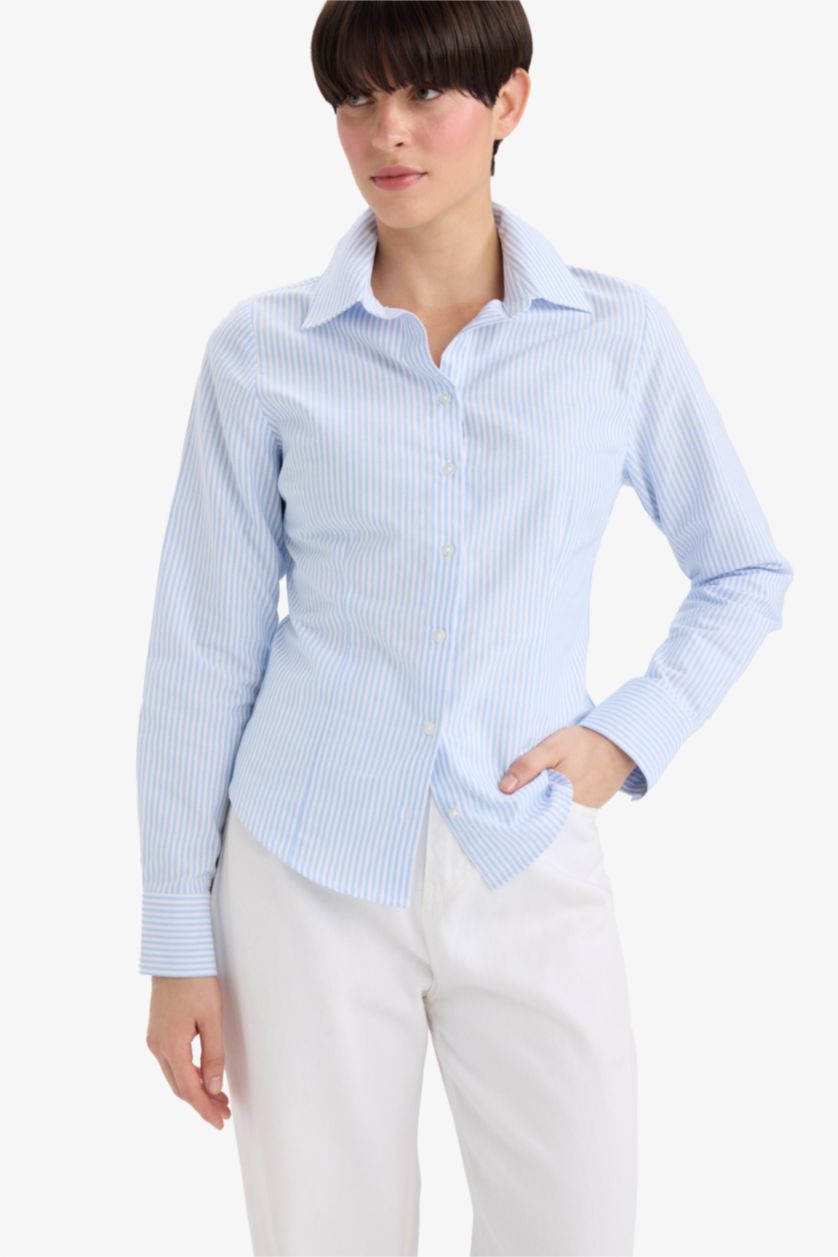 Әйелдерге Көк Fitted қайырма жағалы ұзын жеңді Оксфорд жейдесі