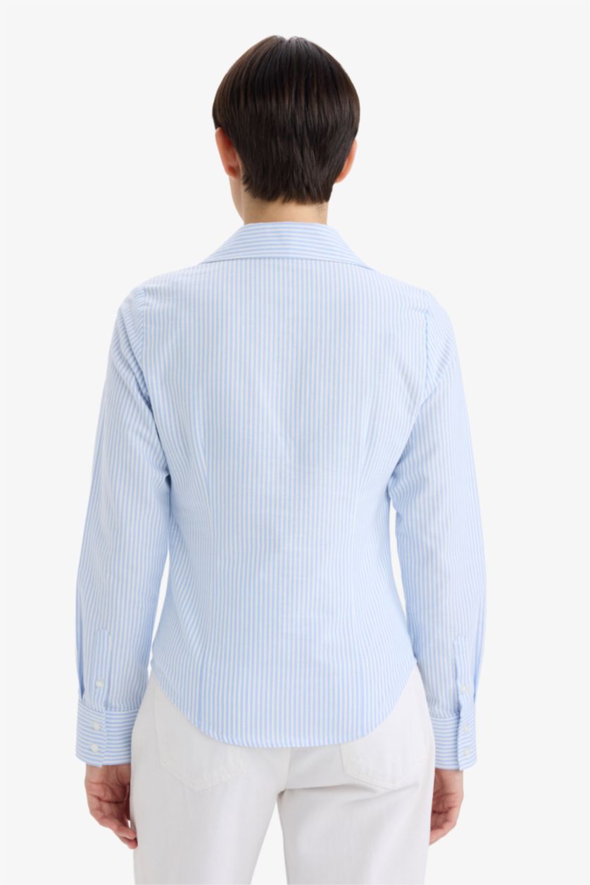 Әйелдерге Көк Fitted қайырма жағалы ұзын жеңді Оксфорд жейдесі