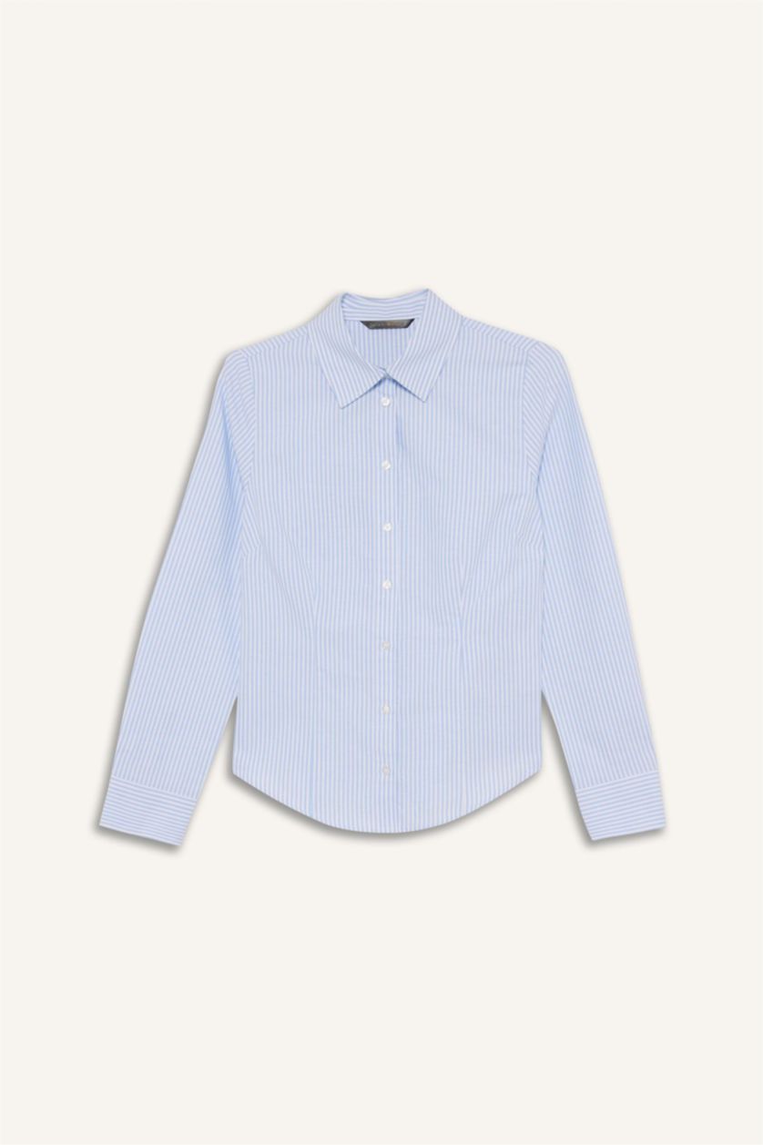 Әйелдерге Көк Fitted қайырма жағалы ұзын жеңді Оксфорд жейдесі