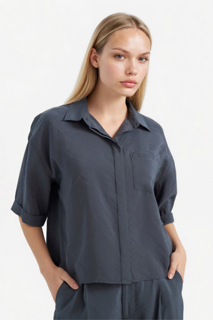 Женщины Антрацит Рубашка Loose Fit из модала с рубашечным воротником и коротким рукавом