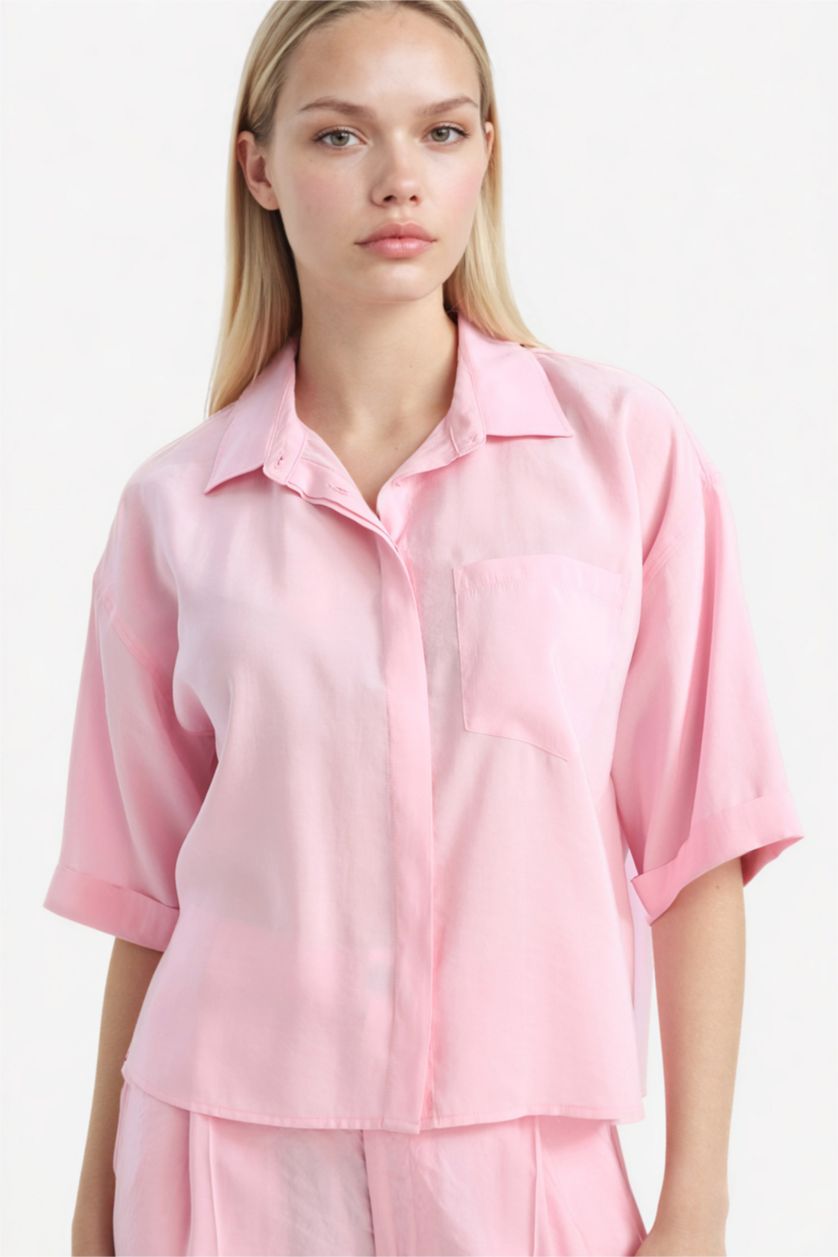 Женщины Светло-розовый Рубашка с коротким рукавом Loose Fit из модала для женщин