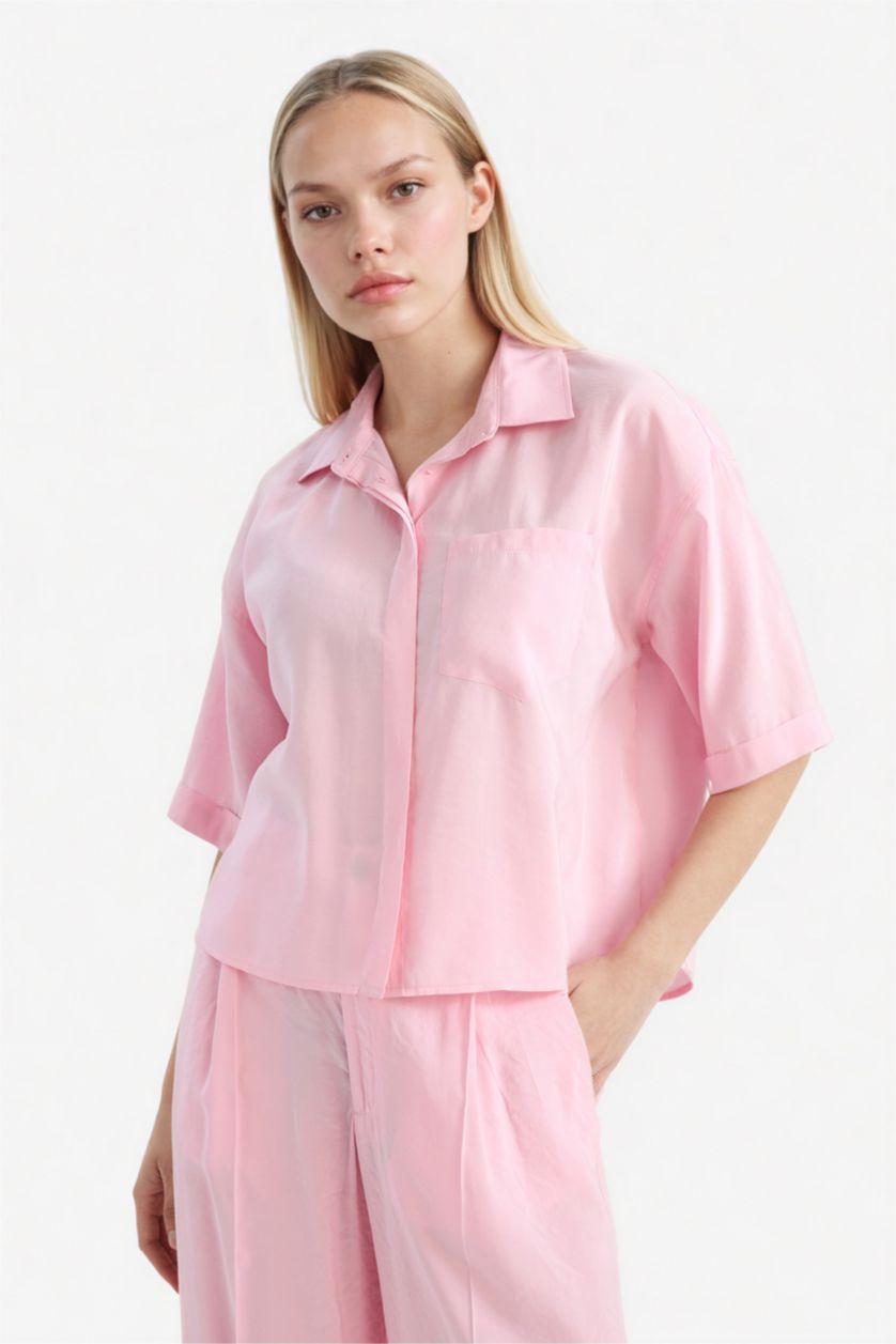 Женщины Светло-розовый Рубашка с коротким рукавом Loose Fit из модала для женщин