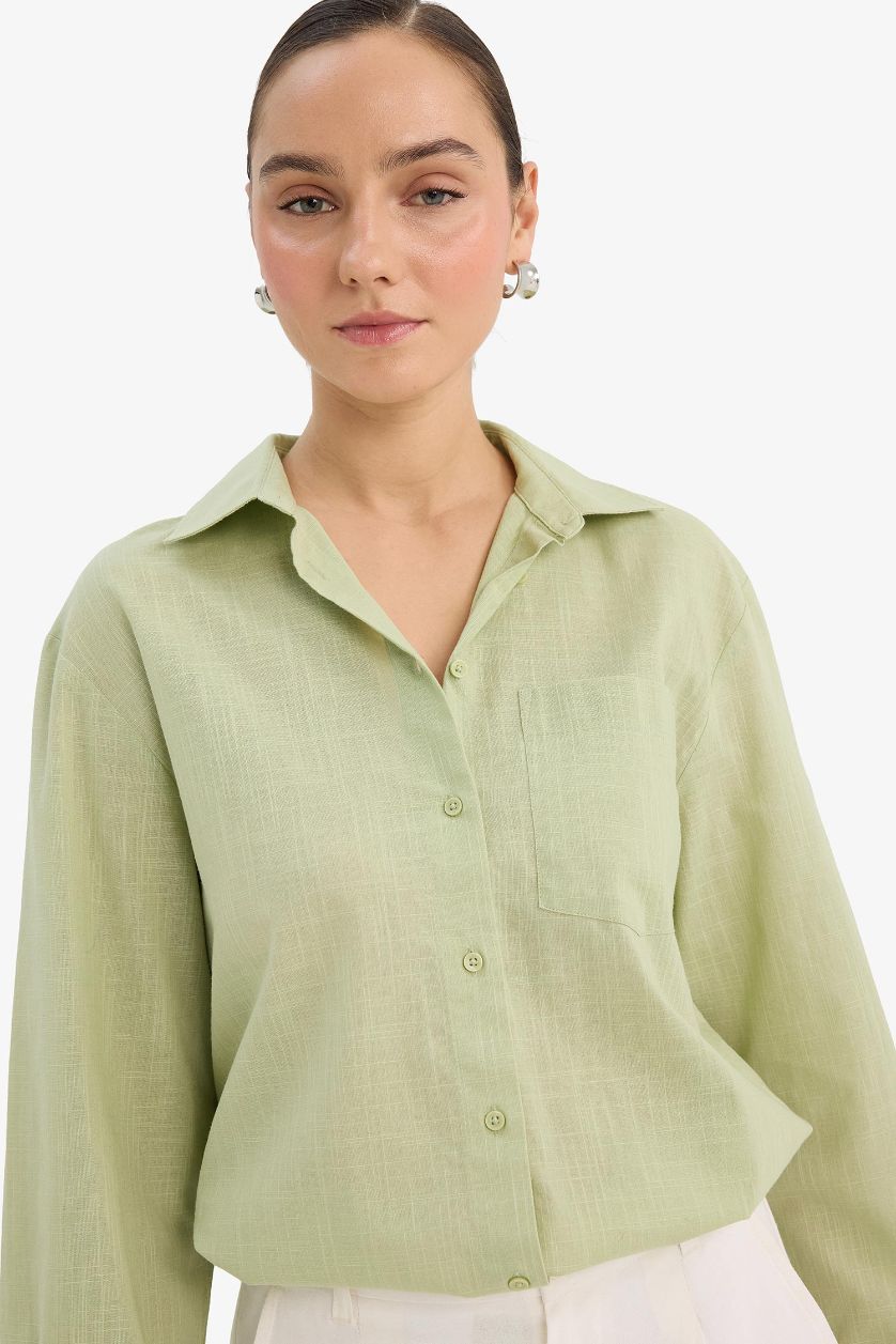 Woman Light Green Oversize Fit Shirt Collar Long Sleeve Shirt