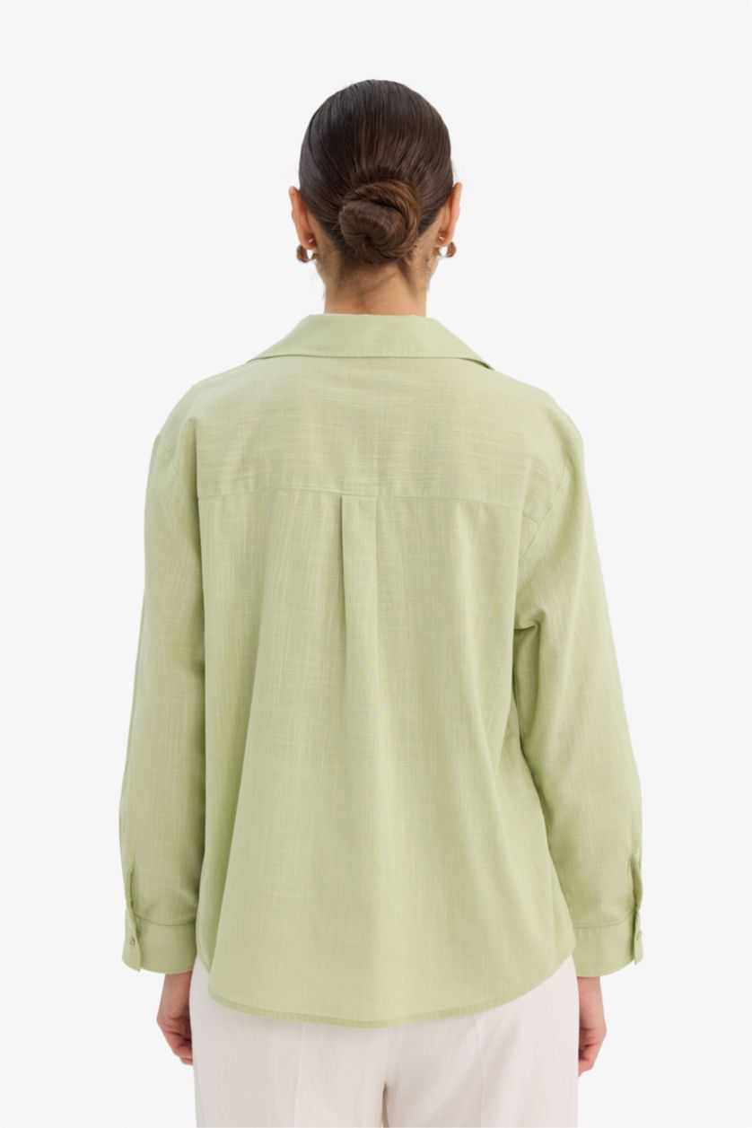 Woman Light Green Oversize Fit Shirt Collar Long Sleeve Shirt