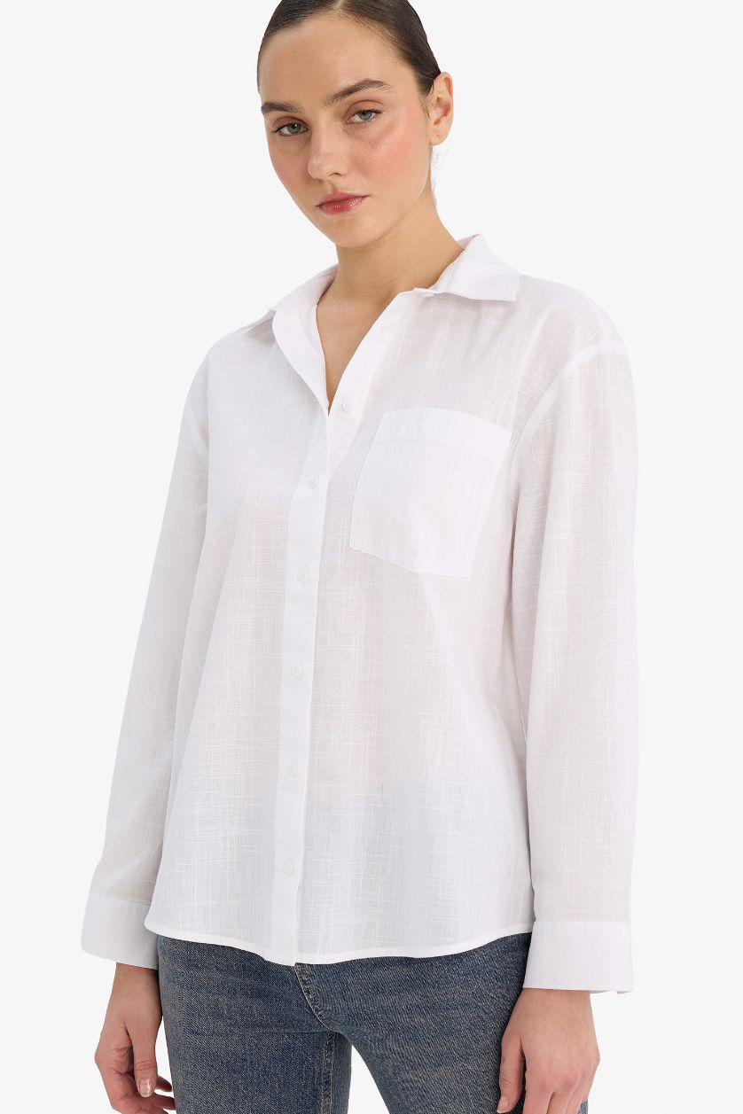 Woman White Oversize Fit Shirt Collar Long Sleeve Shirt