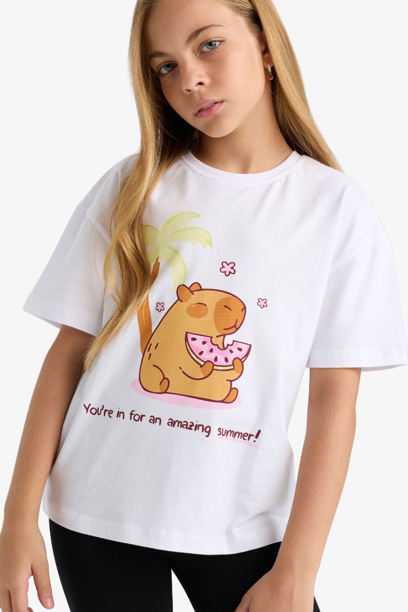 Kız Çocuk - Genç Kız Beyaz Oversize Geniş Kalıp Bisiklet Yaka Baskılı Kısa Kollu Tişört Kız Çocuk