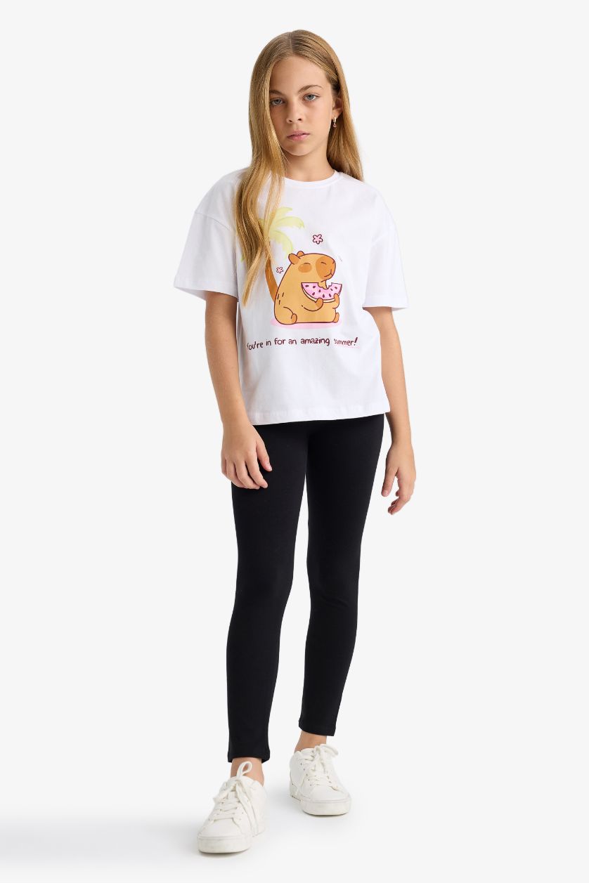 Kız Çocuk - Genç Kız Beyaz Oversize Geniş Kalıp Bisiklet Yaka Baskılı Kısa Kollu Tişört Kız Çocuk