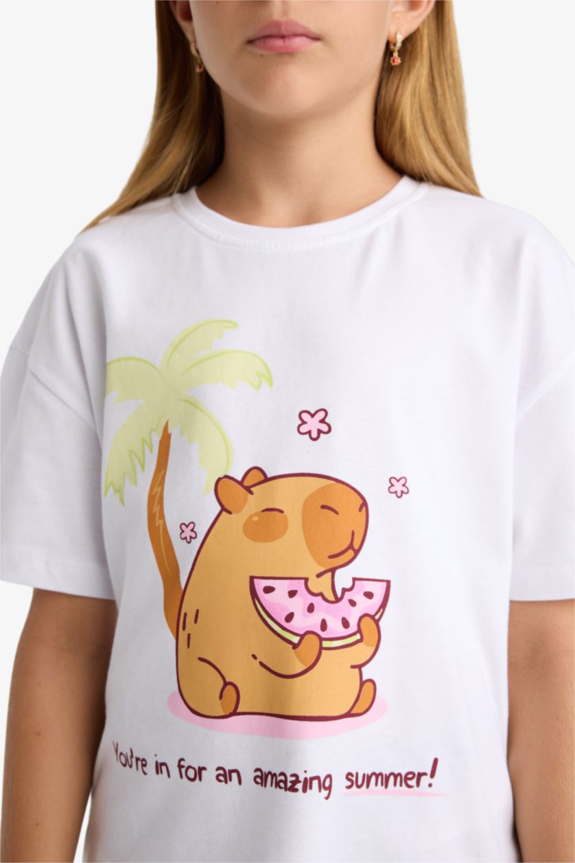 Kız Çocuk - Genç Kız Beyaz Oversize Geniş Kalıp Bisiklet Yaka Baskılı Kısa Kollu Tişört Kız Çocuk