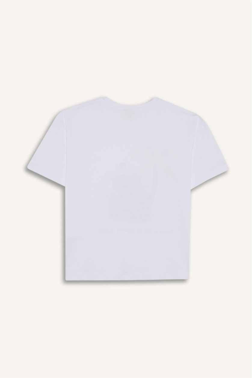 Kız Çocuk - Genç Kız Beyaz Oversize Geniş Kalıp Bisiklet Yaka Baskılı Kısa Kollu Tişört Kız Çocuk