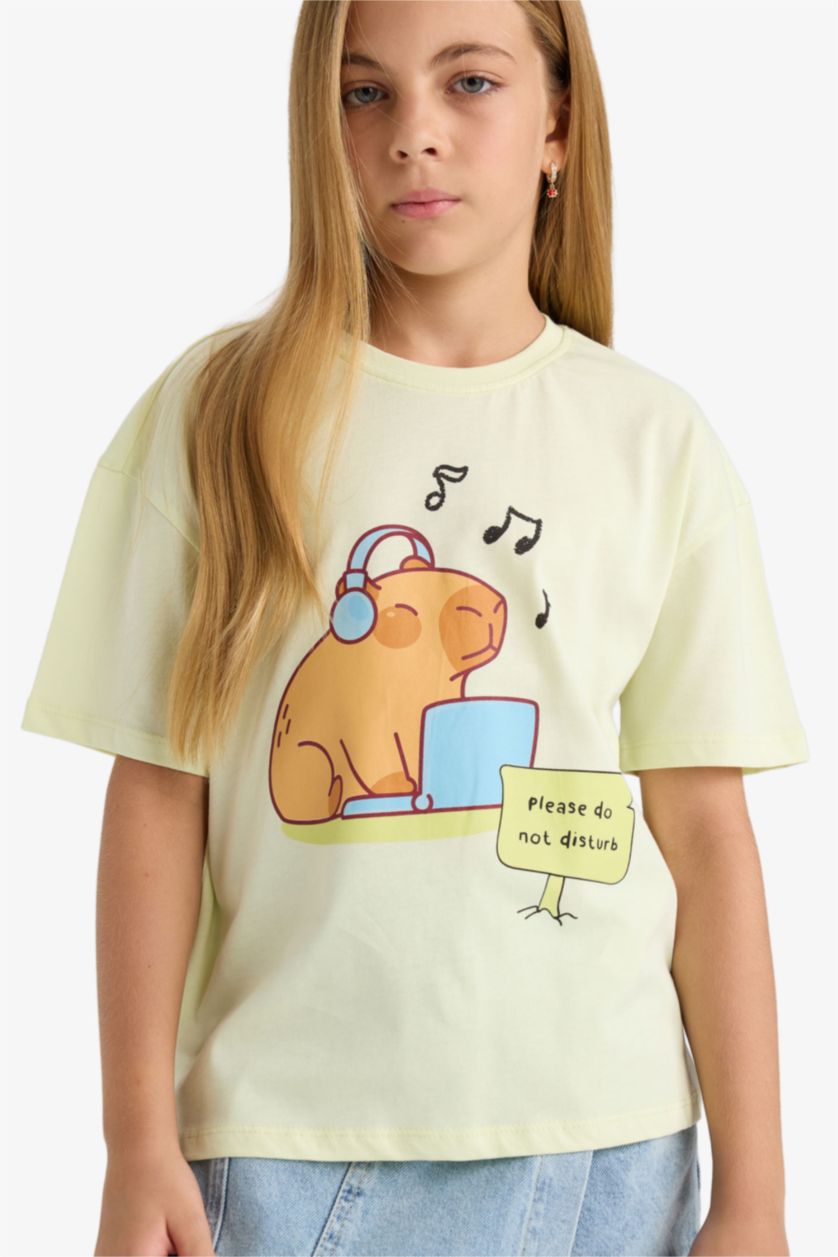 Kız Çocuk - Genç Kız Mint Relax Fit Bisiklet Yaka Baskılı Kısa Kollu Tişört Kız Çocuk