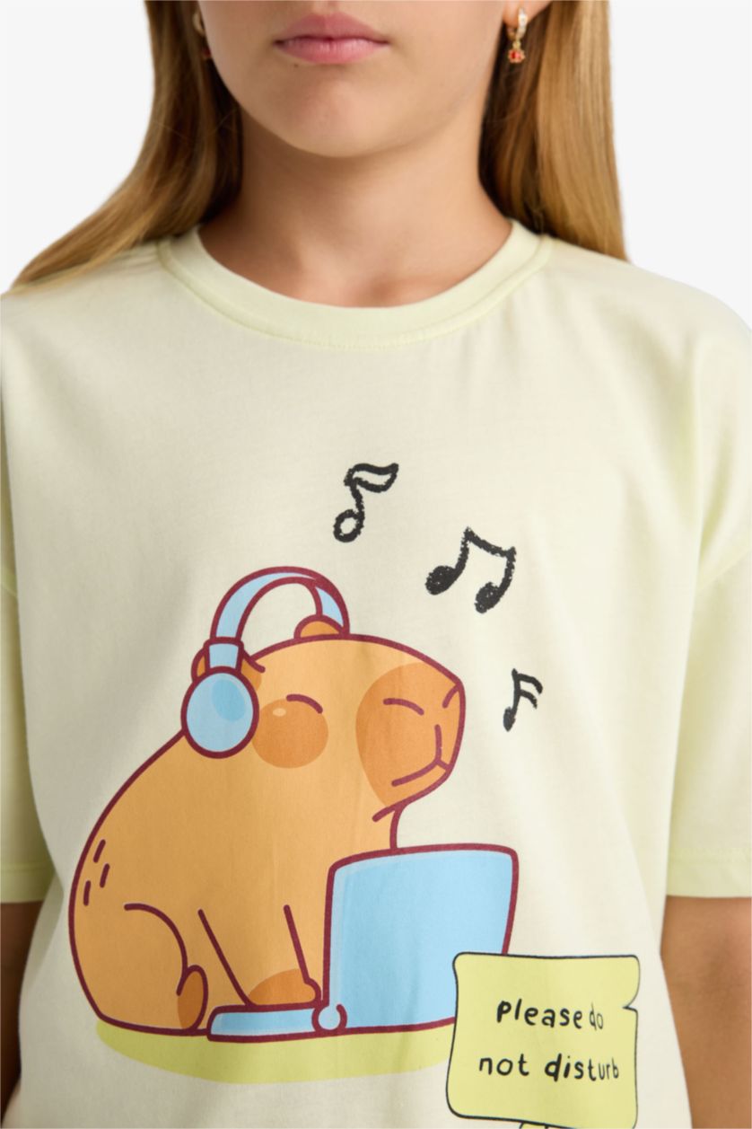 Kız Çocuk - Genç Kız Mint Relax Fit Bisiklet Yaka Baskılı Kısa Kollu Tişört Kız Çocuk