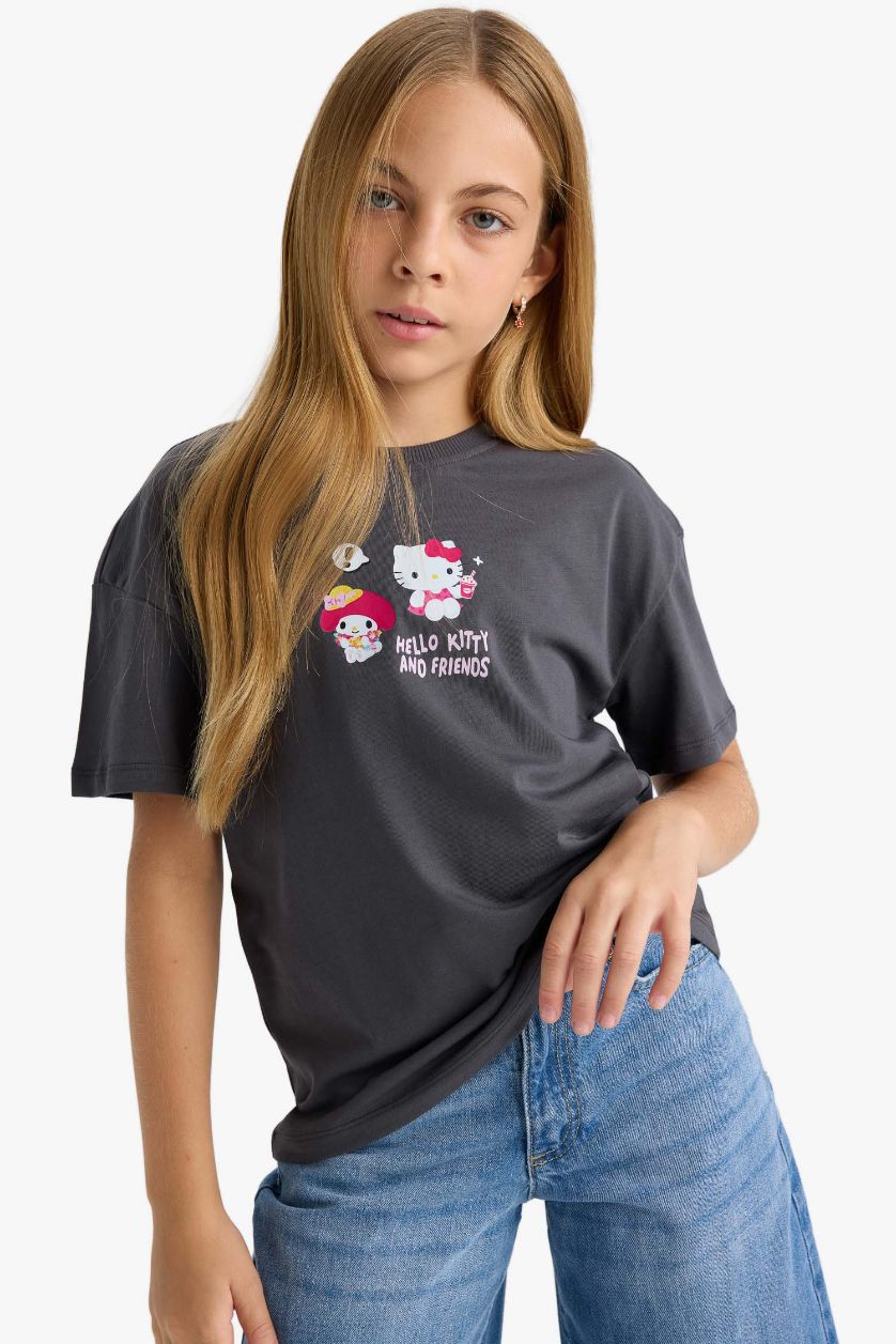 Kız Çocuk - Genç Kız Antrasit Hello Kitty Relax Fit Bisiklet Yaka Sırt Baskılı Kısa Kollu Tişört Kız Çocuk