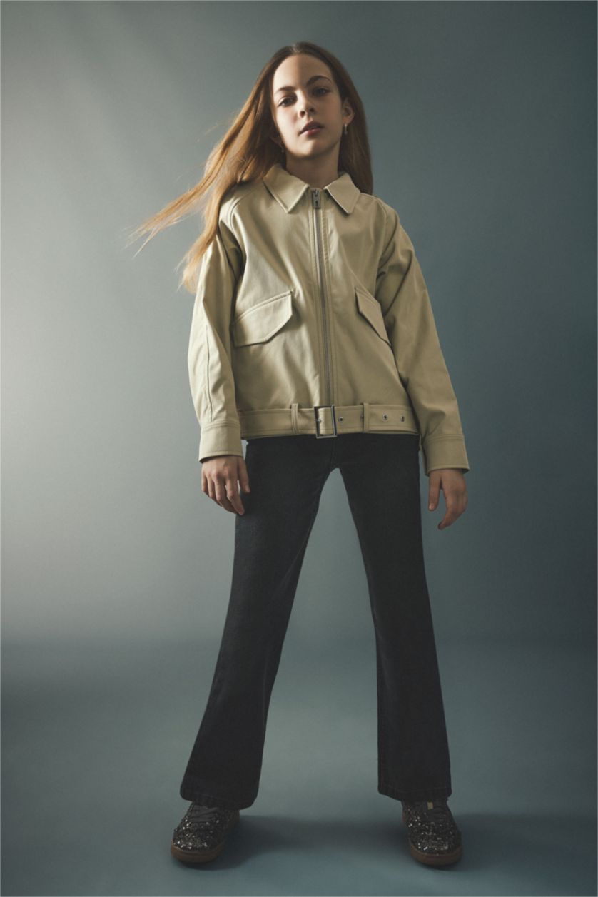 Kız Çocuk - Genç Kız Kum Gömlek Yaka Trençkot Kız Çocuk