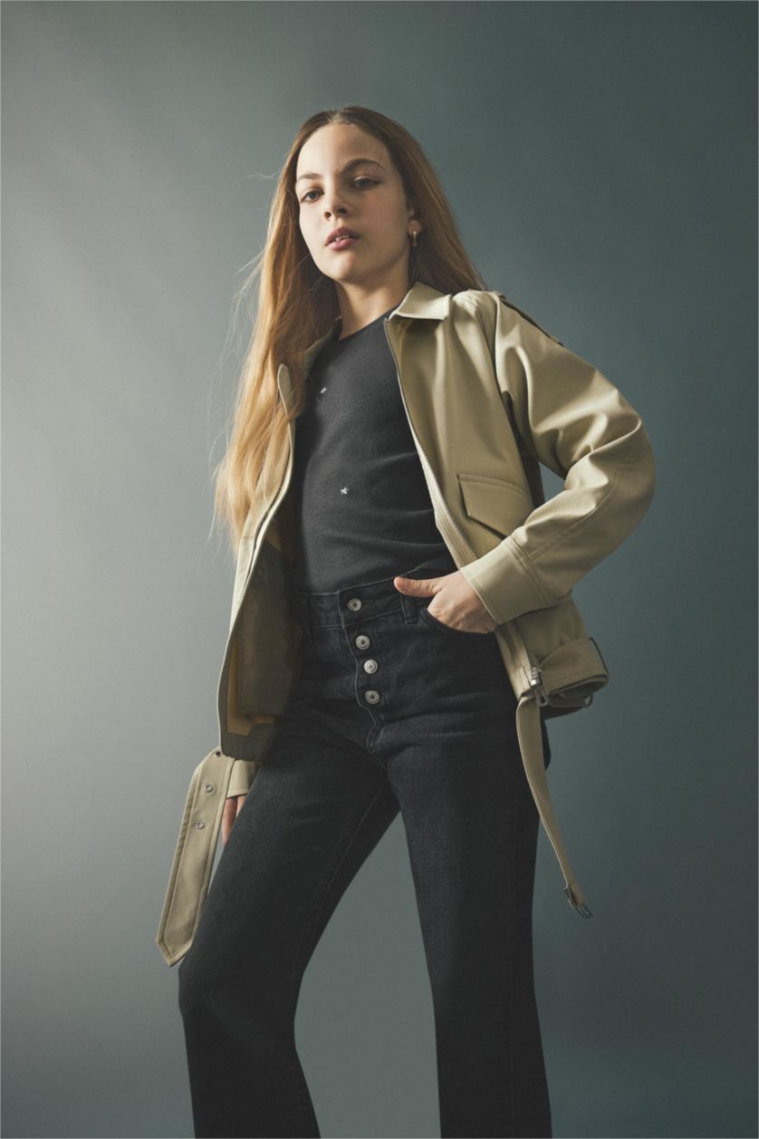 Kız Çocuk - Genç Kız Kum Gömlek Yaka Trençkot Kız Çocuk