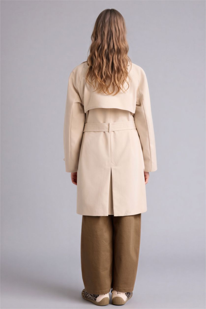 بناتي اللون الرملي ترنش كوت بياقة V بناتي