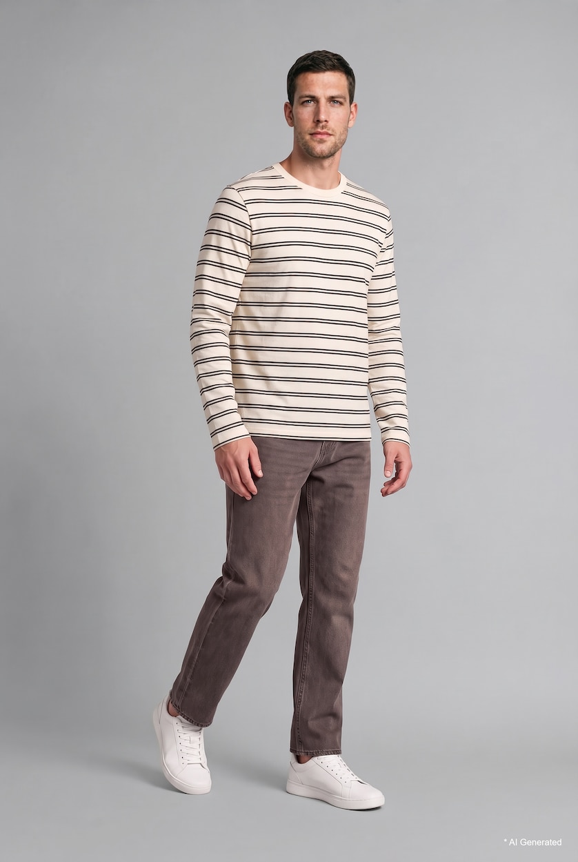 Men Ecru Cotton Slim Fit Crew Neck T-Shirt