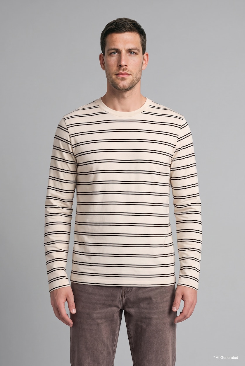 Men Ecru Cotton Slim Fit Crew Neck T-Shirt