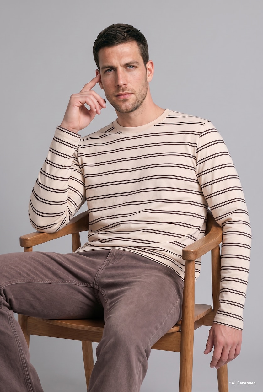 Men Ecru Cotton Slim Fit Crew Neck T-Shirt