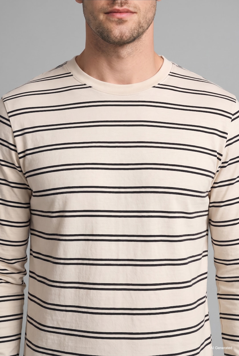 Men Ecru Cotton Slim Fit Crew Neck T-Shirt