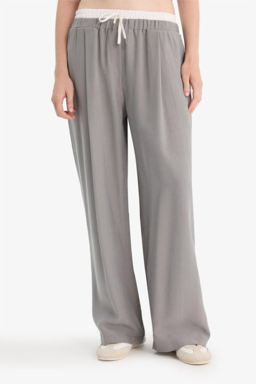 Kadın Gri Baggy Fıt Çift Cepli Normal Bel Standart Boy Tencel Pantolon