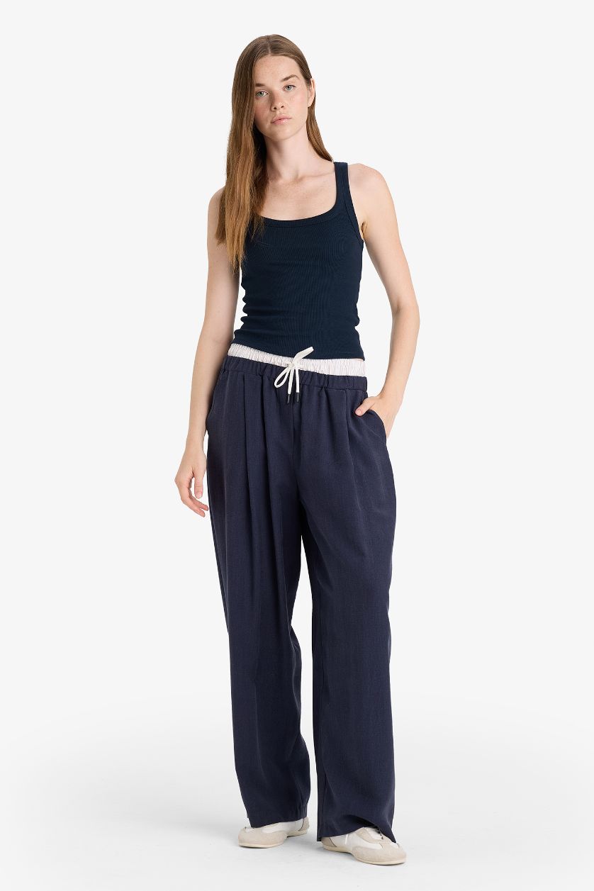 Kadın Lacivert Baggy Fıt Çift Cepli Normal Bel Standart Boy Tencel Pantolon