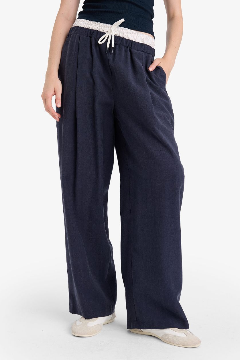 Kadın Lacivert Baggy Fıt Çift Cepli Normal Bel Standart Boy Tencel Pantolon