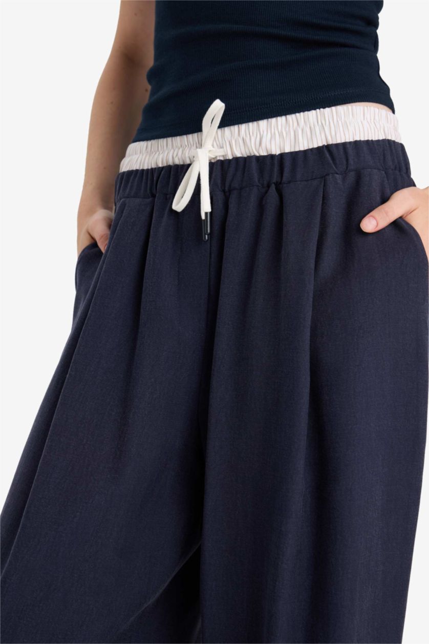 Kadın Lacivert Baggy Fıt Çift Cepli Normal Bel Standart Boy Tencel Pantolon