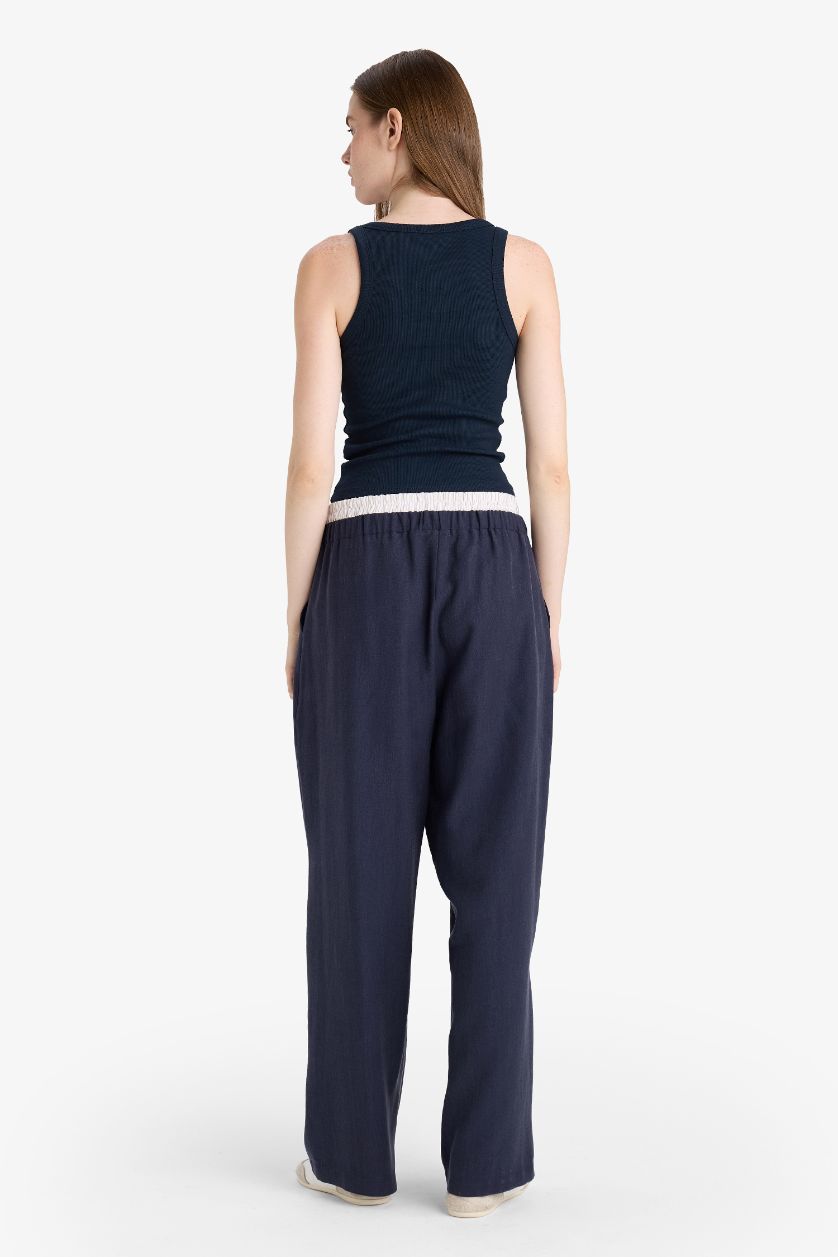 Kadın Lacivert Baggy Fıt Çift Cepli Normal Bel Standart Boy Tencel Pantolon