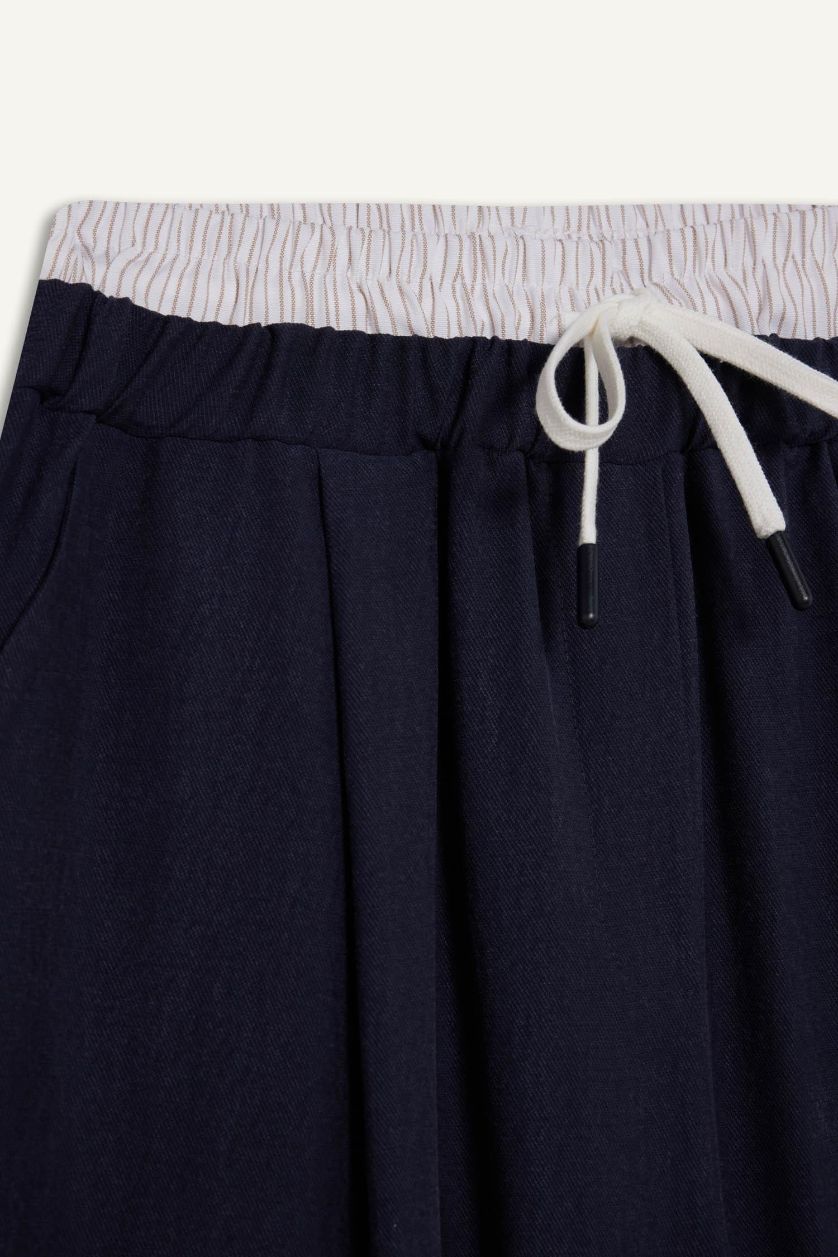 Kadın Lacivert Baggy Fıt Çift Cepli Normal Bel Standart Boy Tencel Pantolon