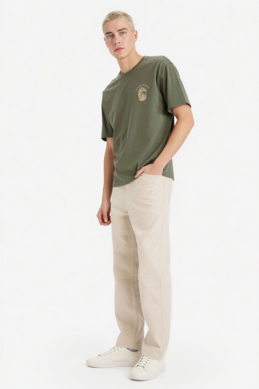 Мужчины Хаки Футболка Boxy Fit с принтом из 100% хлопка