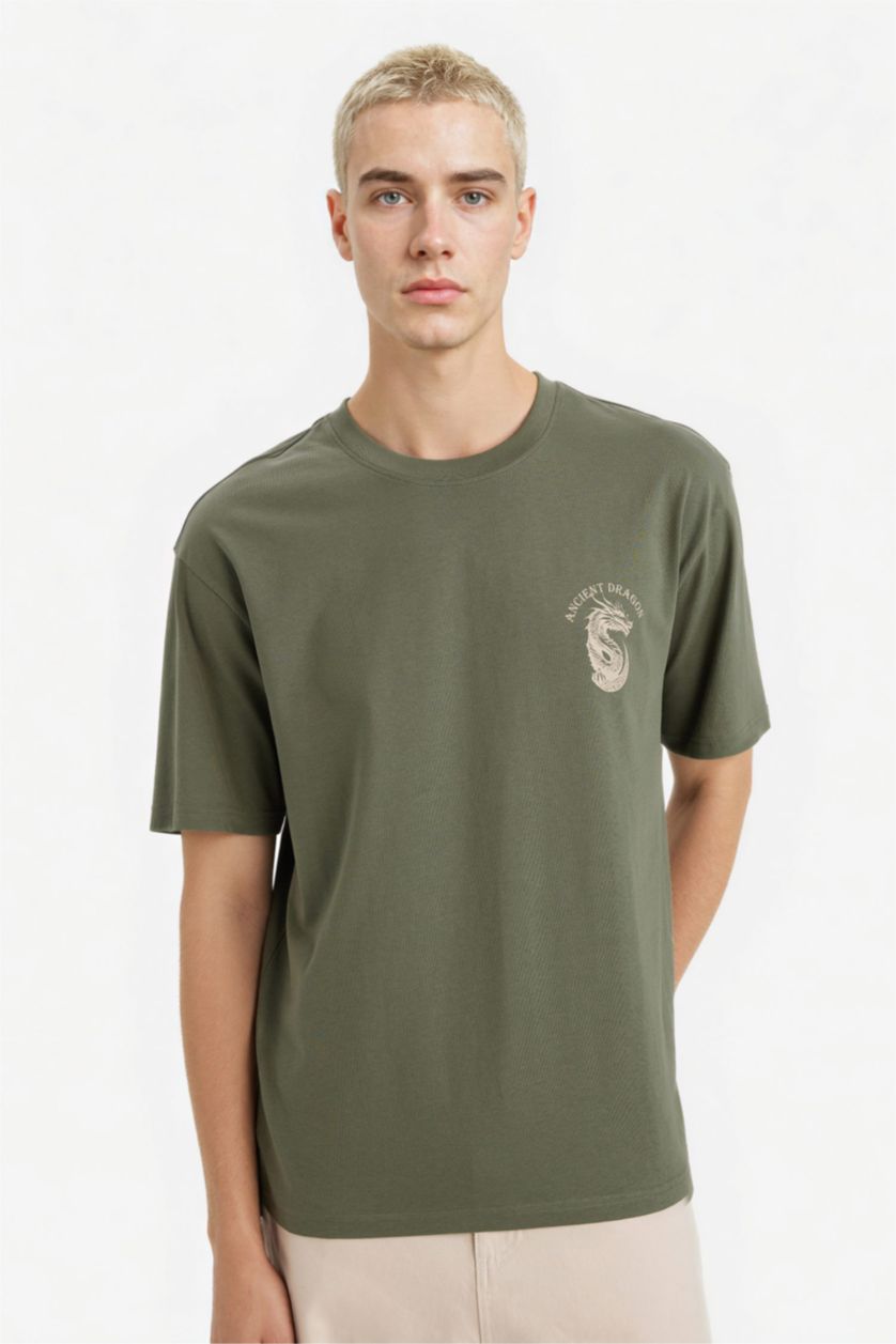 Мужчины Хаки Футболка Boxy Fit с принтом из 100% хлопка