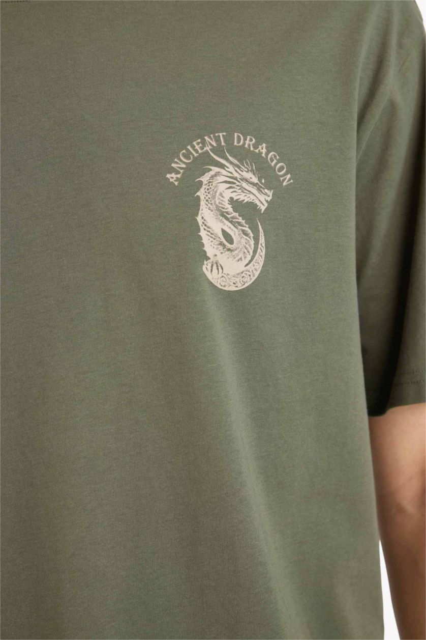 Мужчины Хаки Футболка Boxy Fit с принтом из 100% хлопка