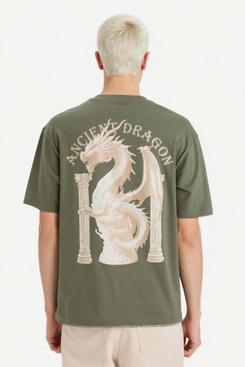 Мужчины Хаки Футболка Boxy Fit с принтом из 100% хлопка