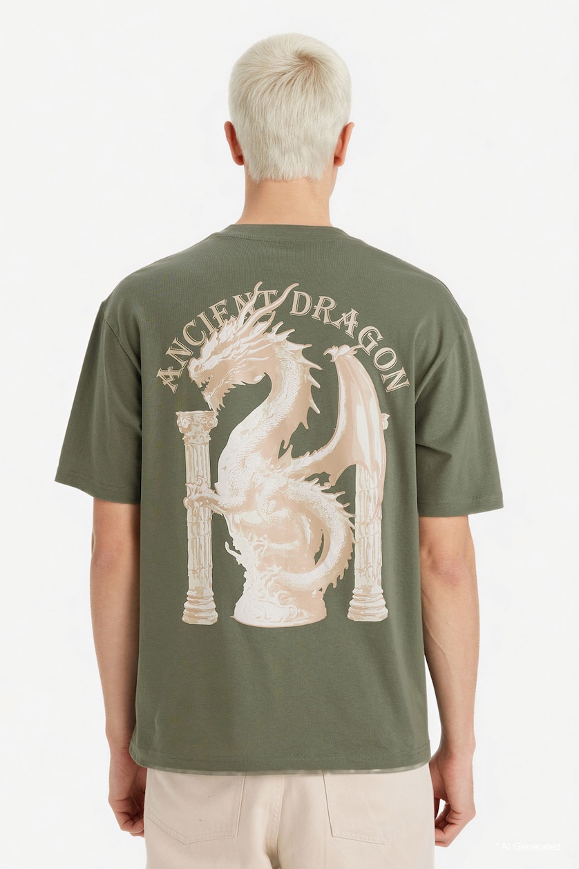 Men Khaki Boxy Fit Printed Crew Neck Short Sleeve T-Shirt