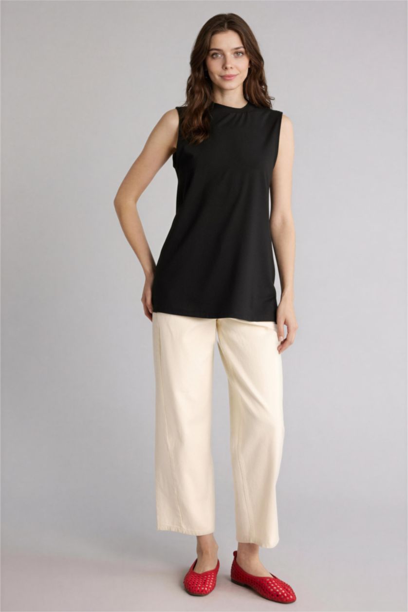 WOMAN Black Regular Fit Crew Neck Short Sleeve Tunic