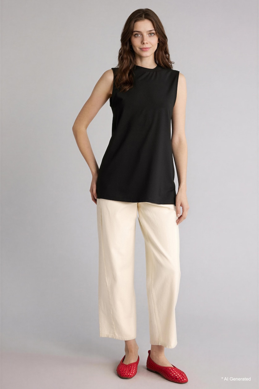 WOMAN Black Regular Fit Crew Neck Short Sleeve Tunic
