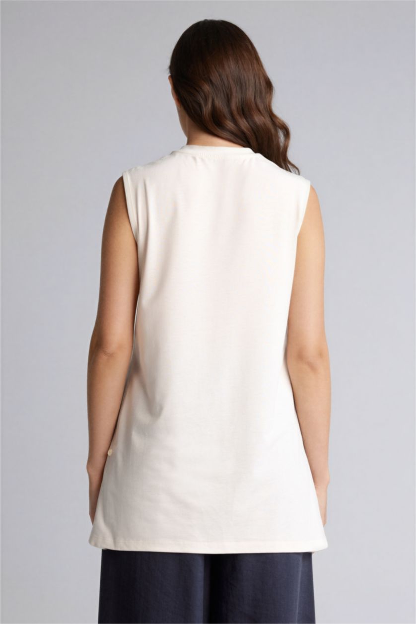 Kadın Ekru Regular Fıt Bisiklet Yaka Kısa Kollu Tunik